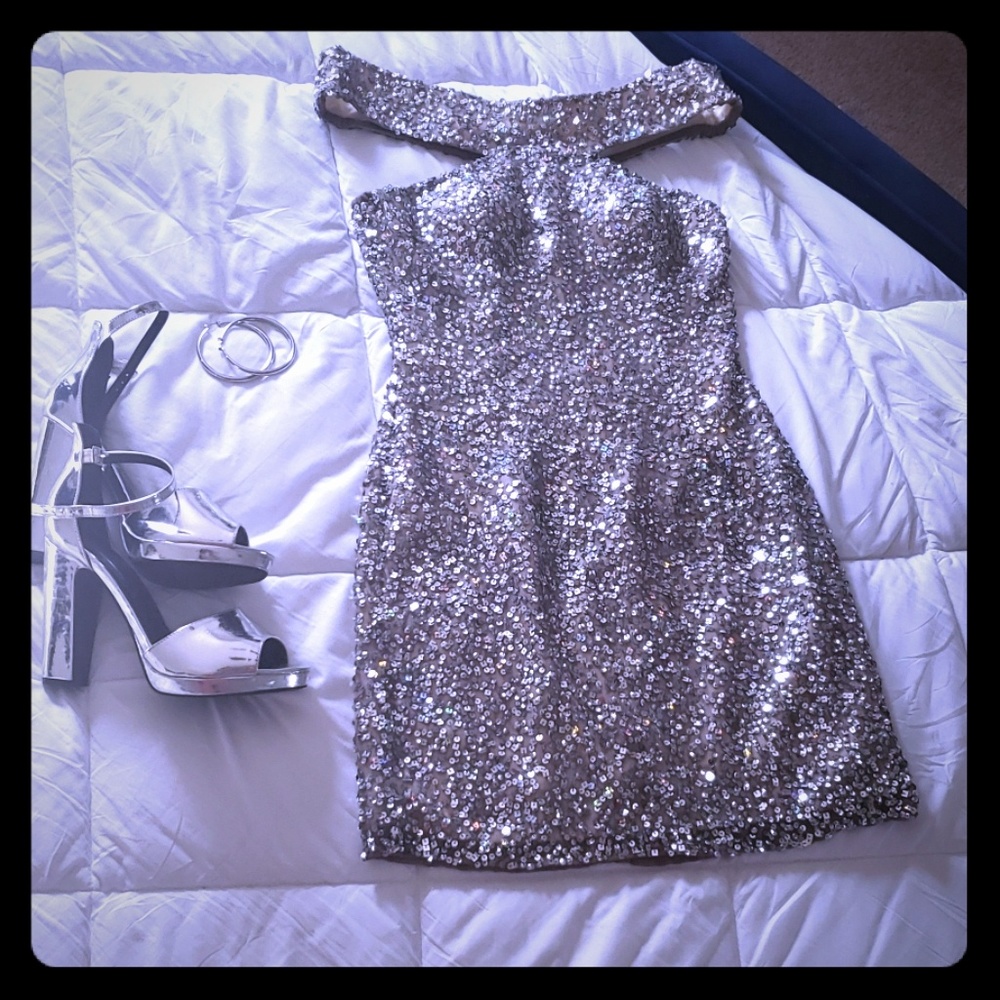 Off the shoulder, silver sequin party dress